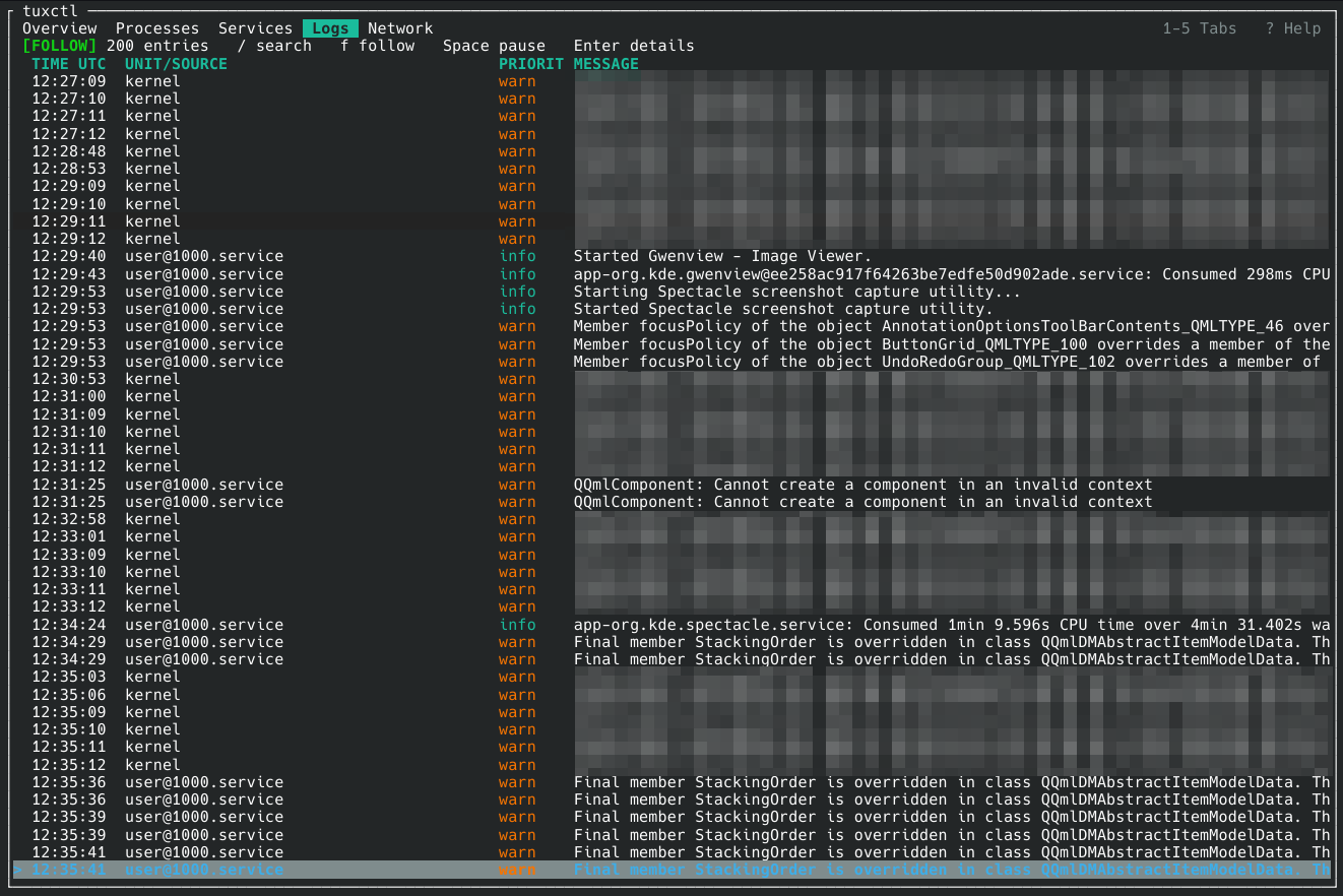 The Logs screen