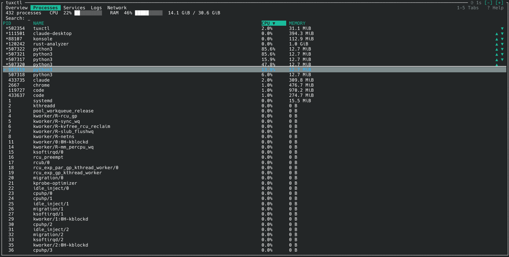 The Processes screen